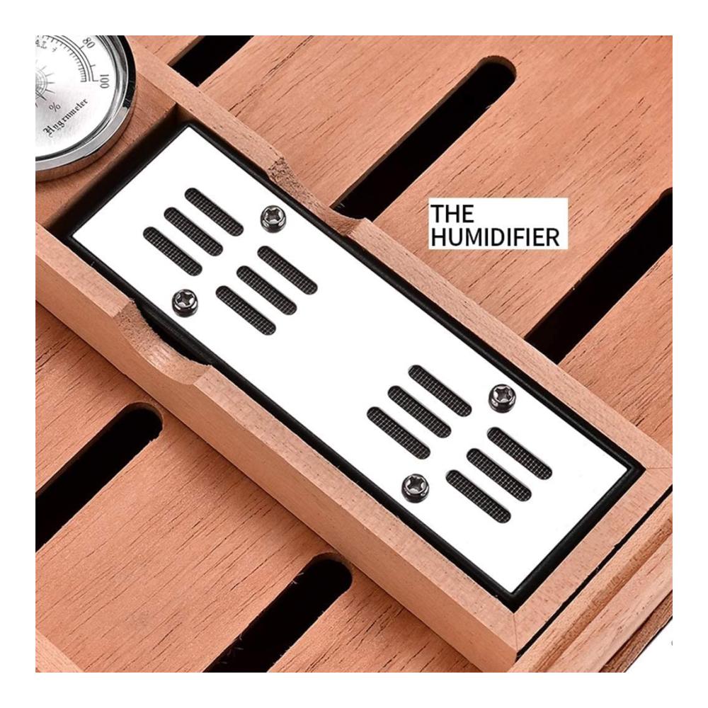 Premium Zigarren Humidor Kiste – Feuchtigkeitsspendendes Etui mit Lederumwicklung Doppelter Trennwand & Hygrometer – Platz für 50 Zigarren – Stilvoll in Braun Grau & Schwarz – 32.4x24.4x12.2