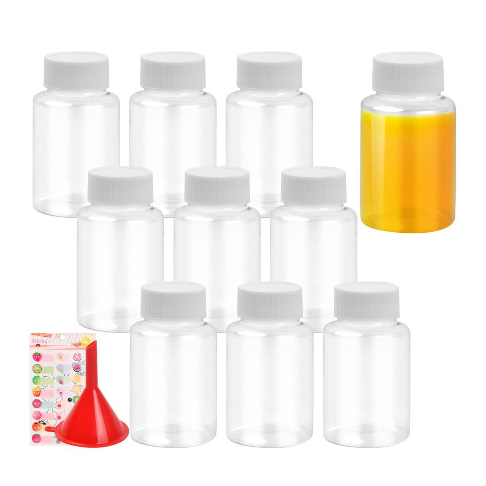 10er Pack Mini Leerflaschen 100ml Kunststoffflaschen mit Deckel & Trichter – Wiederverwendbare Saftflaschen inkl. Aufkleber Set für Lagerung & Reisen – Transparente Plastikflas