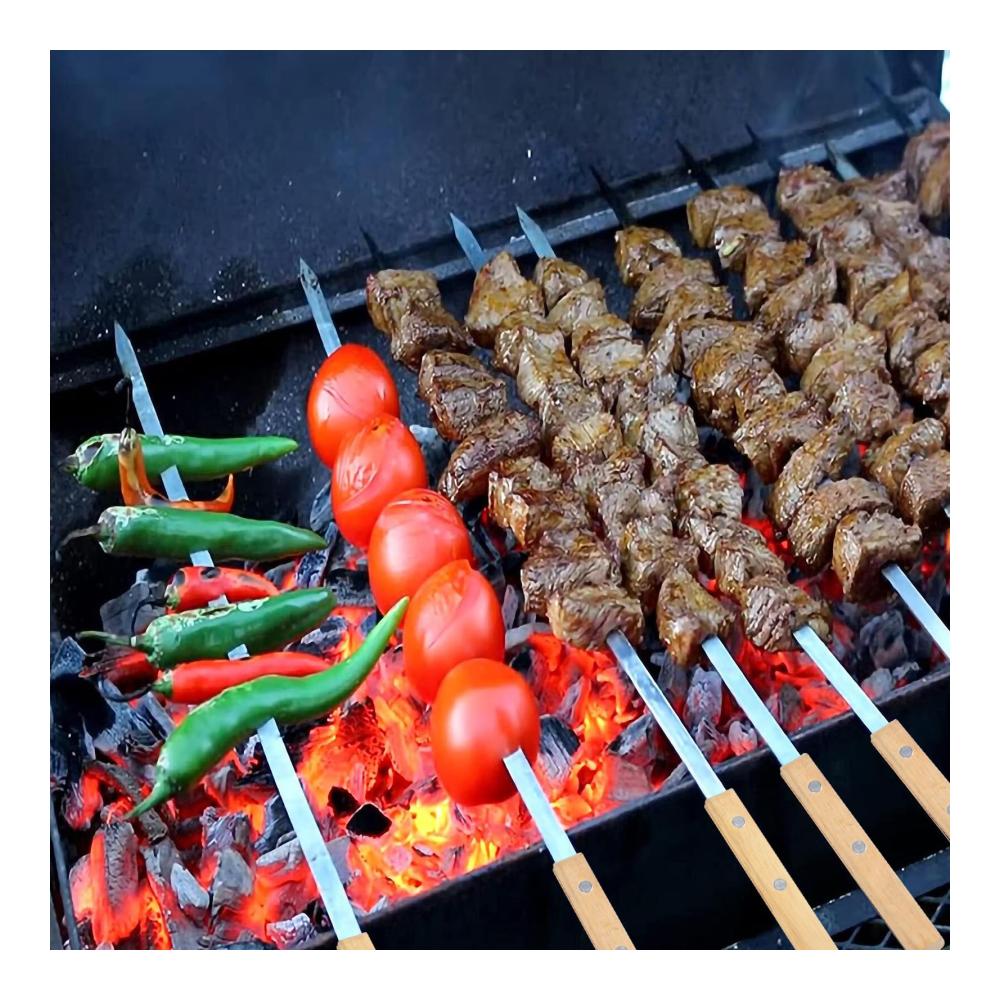 Hochwertige Grill- & Schaschlikspieße 8er-Set mit 42 cm Flachprofil Buchenholzgriffen. Ideal für Adana türkische Kebab und lange Fleischspieße. Inklusive praktischer Tasche