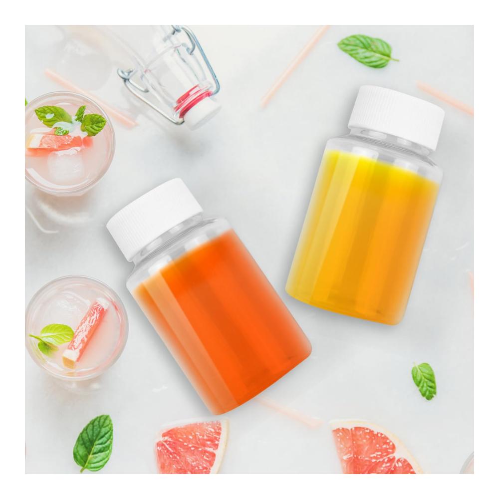 10er Pack Mini Leerflaschen 100ml Kunststoffflaschen mit Deckel & Trichter – Wiederverwendbare Saftflaschen inkl. Aufkleber Set für Lagerung & Reisen – Transparente Plastikflas