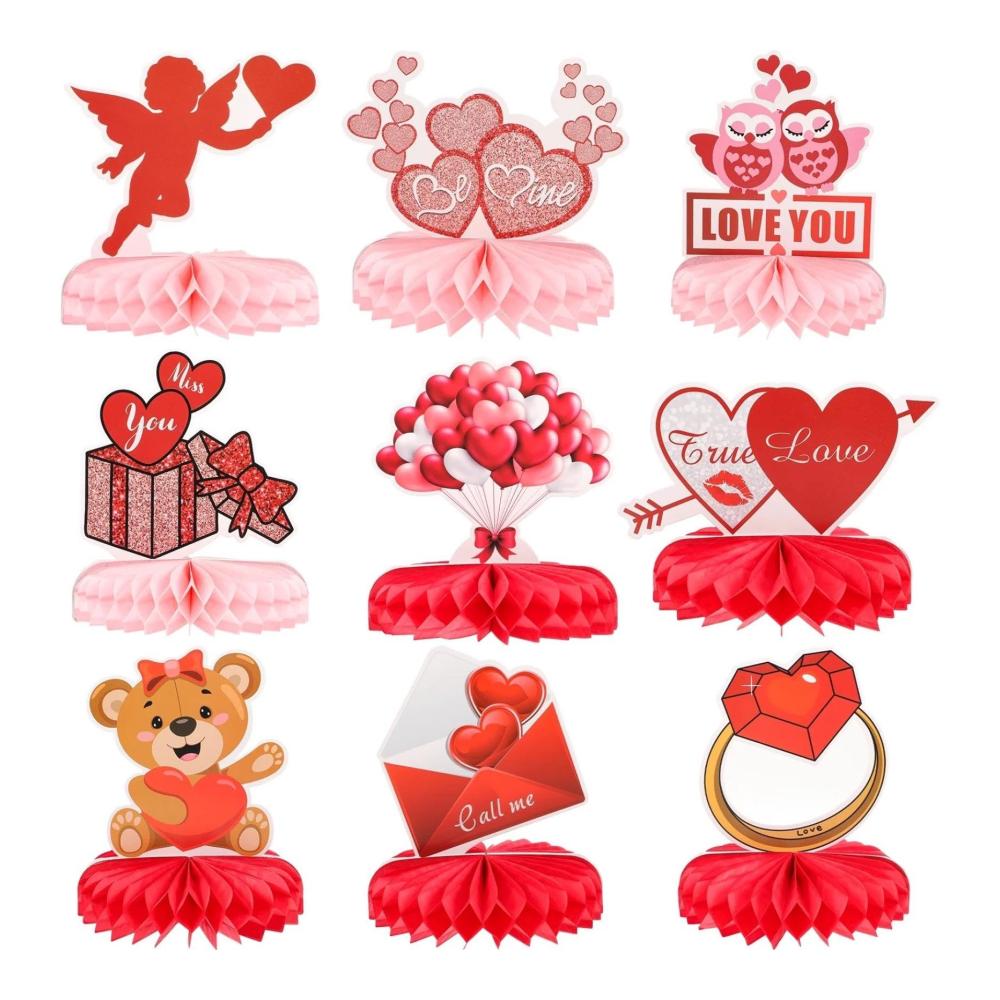 Konfetti-Zauber 9-teiliges Valentinstags-Dekor-Set - Herz-Tischaufsatz für Hochzeit Jubiläum & Party - Wabenornamente im Cartoon-Stil für ein festliches Wabenhaus. Verleihen Sie Ihrem Anlass Glanz mit diesen einzigartigen Konfetti-Dekorationen