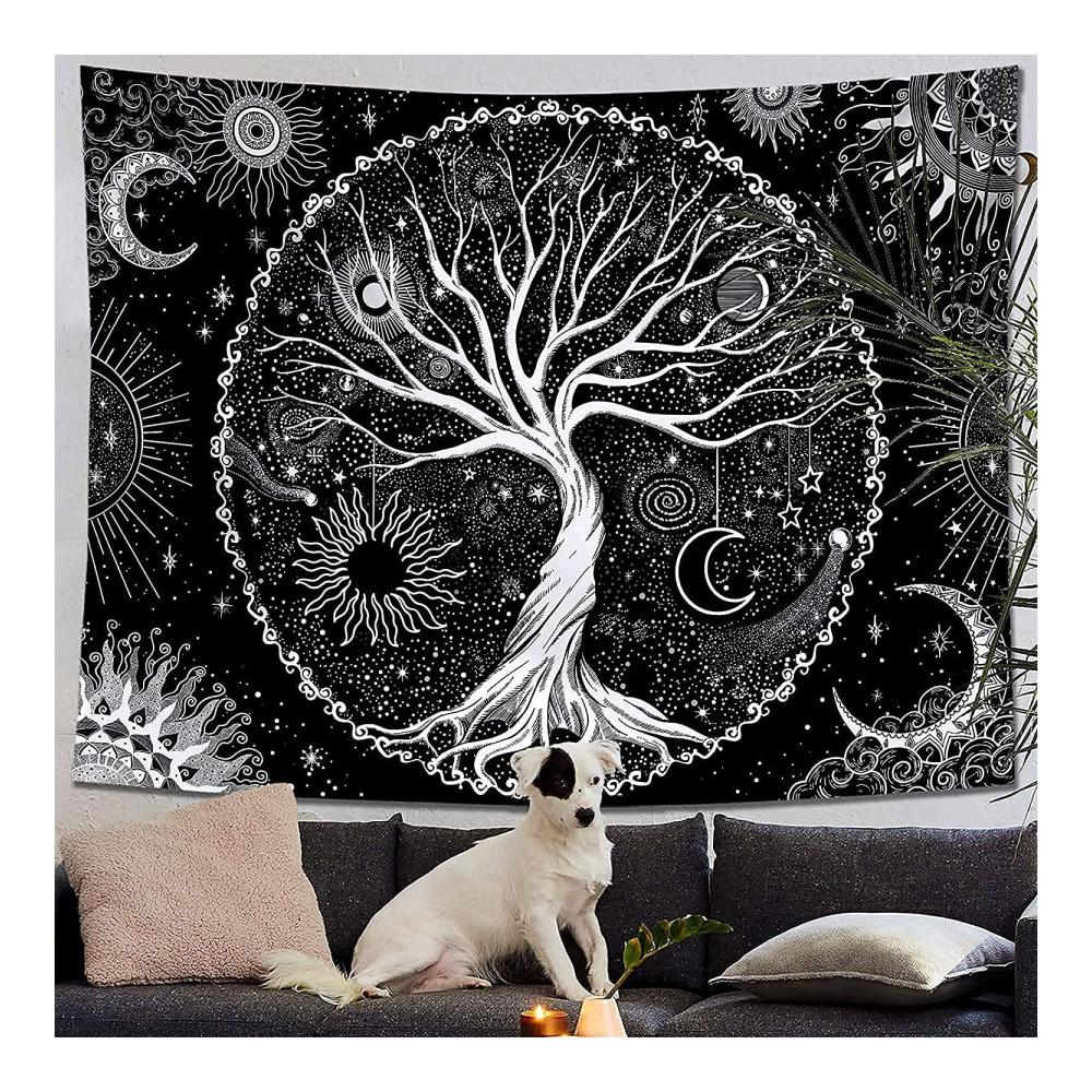 Ätherisches DÉCOCO Baum des Lebens Galaxie Wandteppich – Ästhetische Wohnaccessoires & Deko für Schlafzimmer – Schwarz-Weiß Wandbehang (180x230 cm