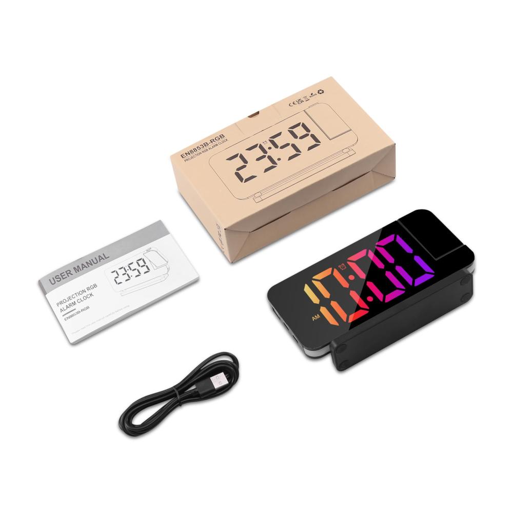 Hightech-Projektionswecker mit 180°-Projektion & 10-Farben-Nachtlicht | Digitale Uhr mit 7 RGB-LEDs | Snooze USB-Ladegerät |