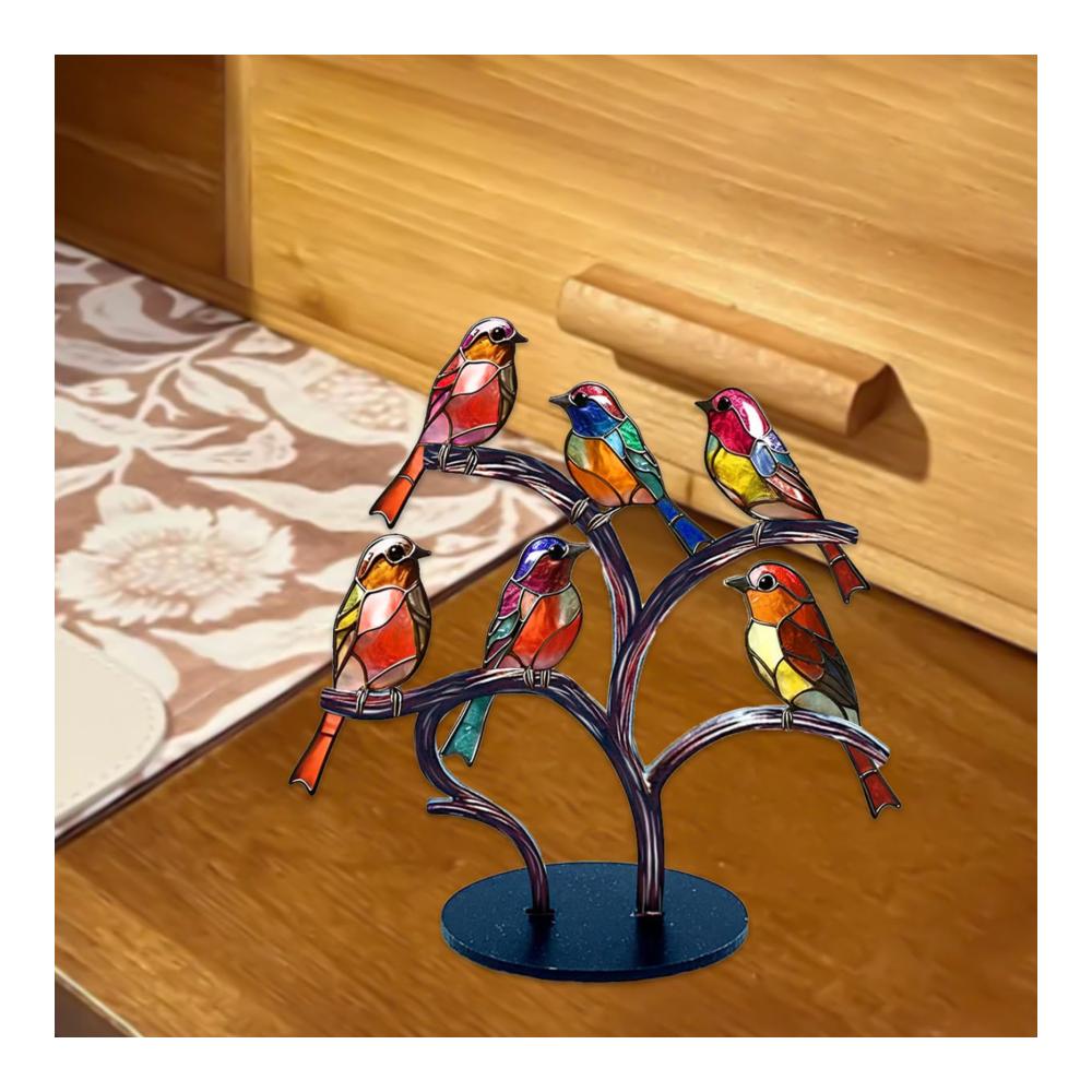 Bunte Statuen Elegante Glasvögel auf Ast - Deko für Zuhause & Büro Geschenkidee - Lebendige Tischdekoration mit 6 Vögeln
