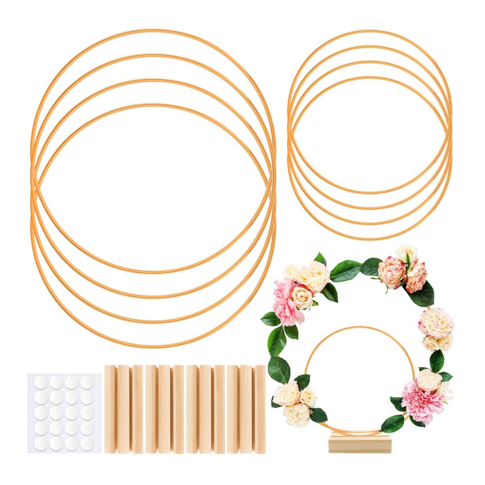 Exklusives Set 8 goldene Metallringe (20cm/10cm) für DIY-Projekte - inkl. 4 Holz Kartenhalter. Perfekt für Hochzeitskranz Tischdekoration und Wandbehang. Ideale Basis für kreative Blumengestecke und Makramee-Kunstwerke