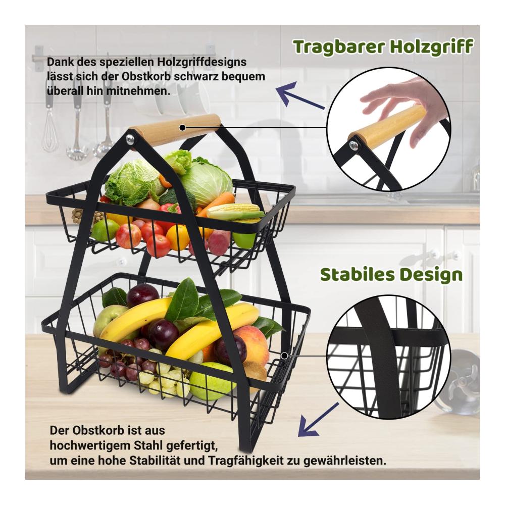 Hochwertige Obst Etagere 2-stöckiger Metall Obstkorb mit abnehmbaren Körben und Holzgriffen – Perfekt für Obst Gemüse und Brot – Stilvoll und praktisch (27 x 17 x