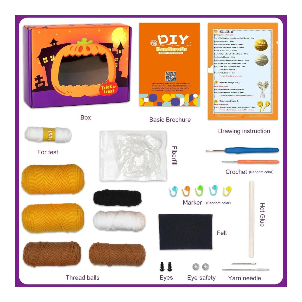 Entzückendes Häkelset DIY Halloween-Kürbis & Tier-Designs für Anfänger | Komplettes Bastelstarter-Set mit Anleitung | Ideales Geschenk für kreative Erwachs