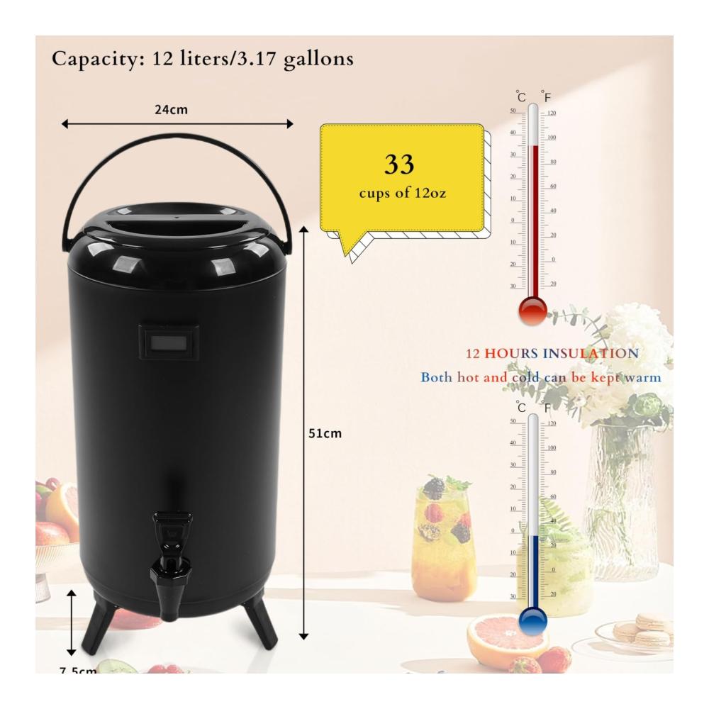 Entdecken Sie den Ultimativen Genuss Isolierte Thermoskanne mit Thermometer für Heiß- und Kaltgetränke - 12L Eisgetränkespender ideal für Kaffee Tee Wasser und Saft. Perfekter K