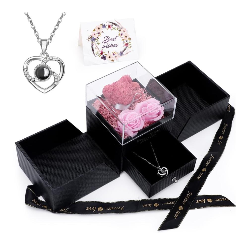 Konservierte Blumen Ewige Rosen & Halskette BärGeschenkbox - Ideales Geschenk für Frauen Mama Freundin zu Weihnachten Erntedankfest Geburtstag & mehr! Perfekt für Muttertag Jubiläum & Valentinstag