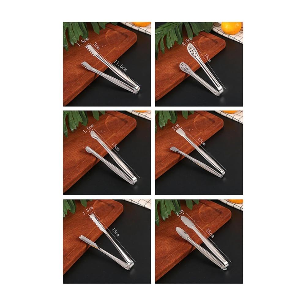 Edelstahl Zangen Set – 6-teiliges Küchenzubehör für Lebensmittel Grill & mehr | Vielseitige Buffet- und Brotzange | Inklusive Eiszange | Robust & Leicht zu handhaben | Silber