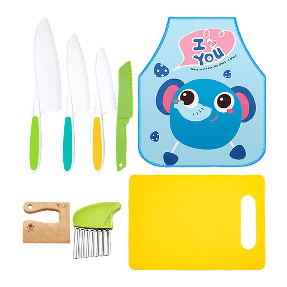Kinder-Küchenmesser-Set aus Holz | Sicherheit beim Kochen | 8-teiliges Set mit kinderfreundlichen Wellenschliffmessern | Ideales Starter-Set für junge Köche