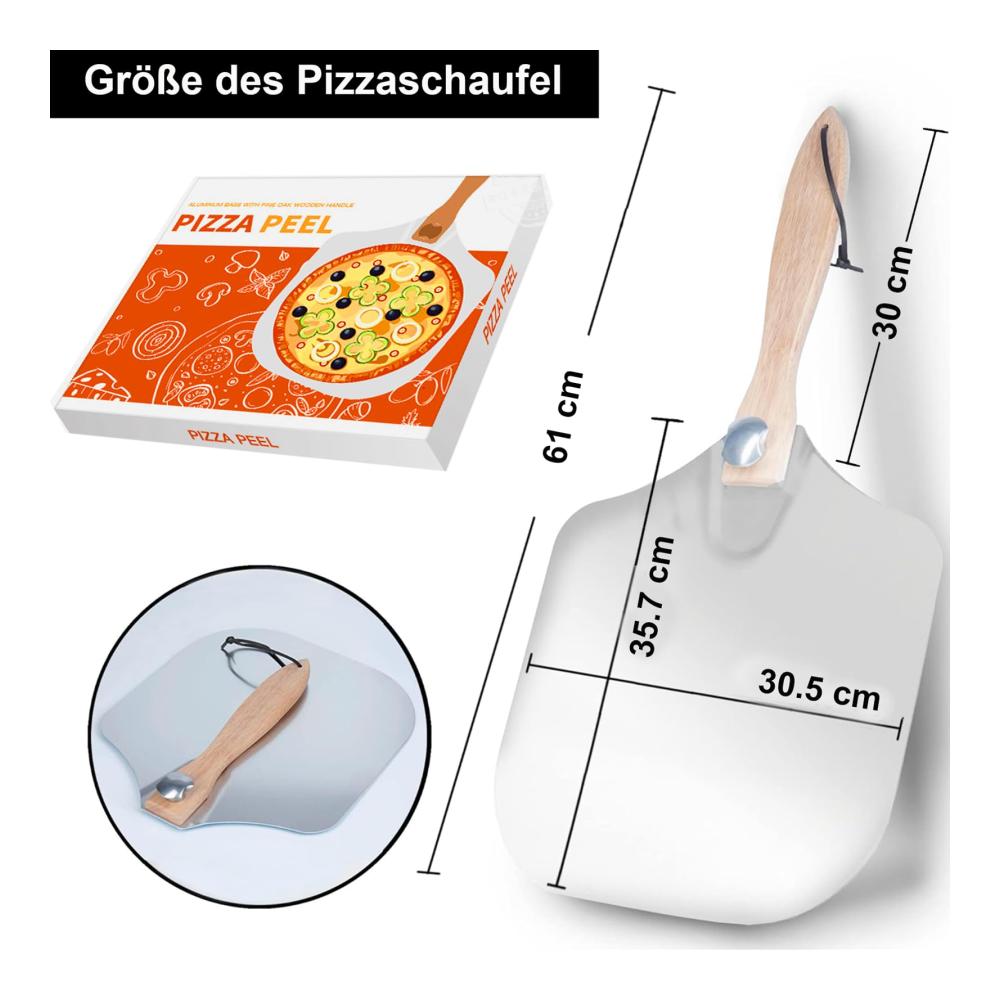 Premium Pizzastein-Set mit Extra Großem Aluminium Pizzaschieber (35.7x30.5cm) Einklappbarem Holzgriff & Pizzamesser - Ideale Pizzaschaufel für Grill & Ofen Perfekt für Große Pizzas