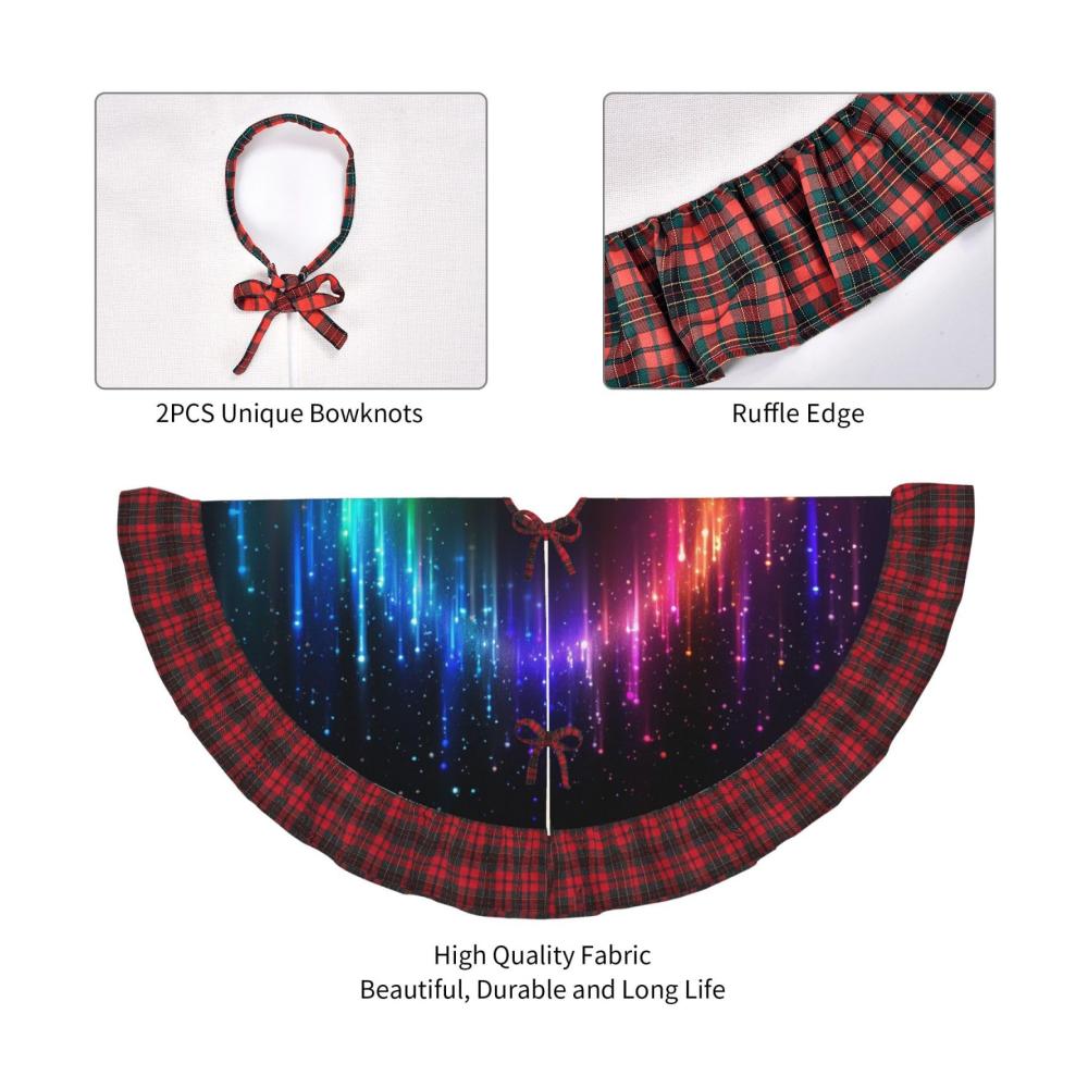 Stilvoller Farmhouse Weihnachtsbaumständer Regenbogen-Neon-Print & Büffel-Plaid. Perfekte Weihnachtsdekoration für Xmas & Neujahr. Schwarz-Rot