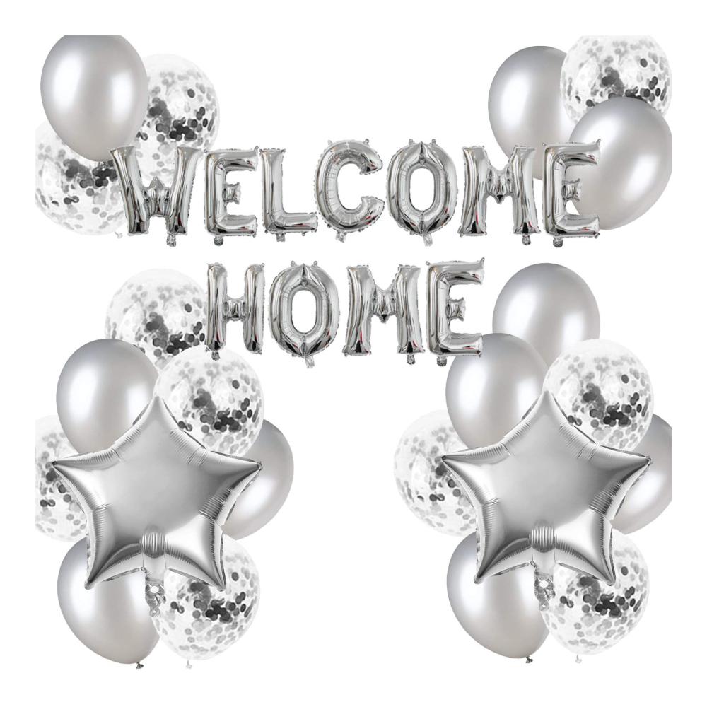 FACHY Herzlich Willkommen Zuhause Deko Silberne Luftballons Banner & Konfetti - Perfekte Dekoration für Willkommen Zuhause Baby & Familie Party (24 Stück