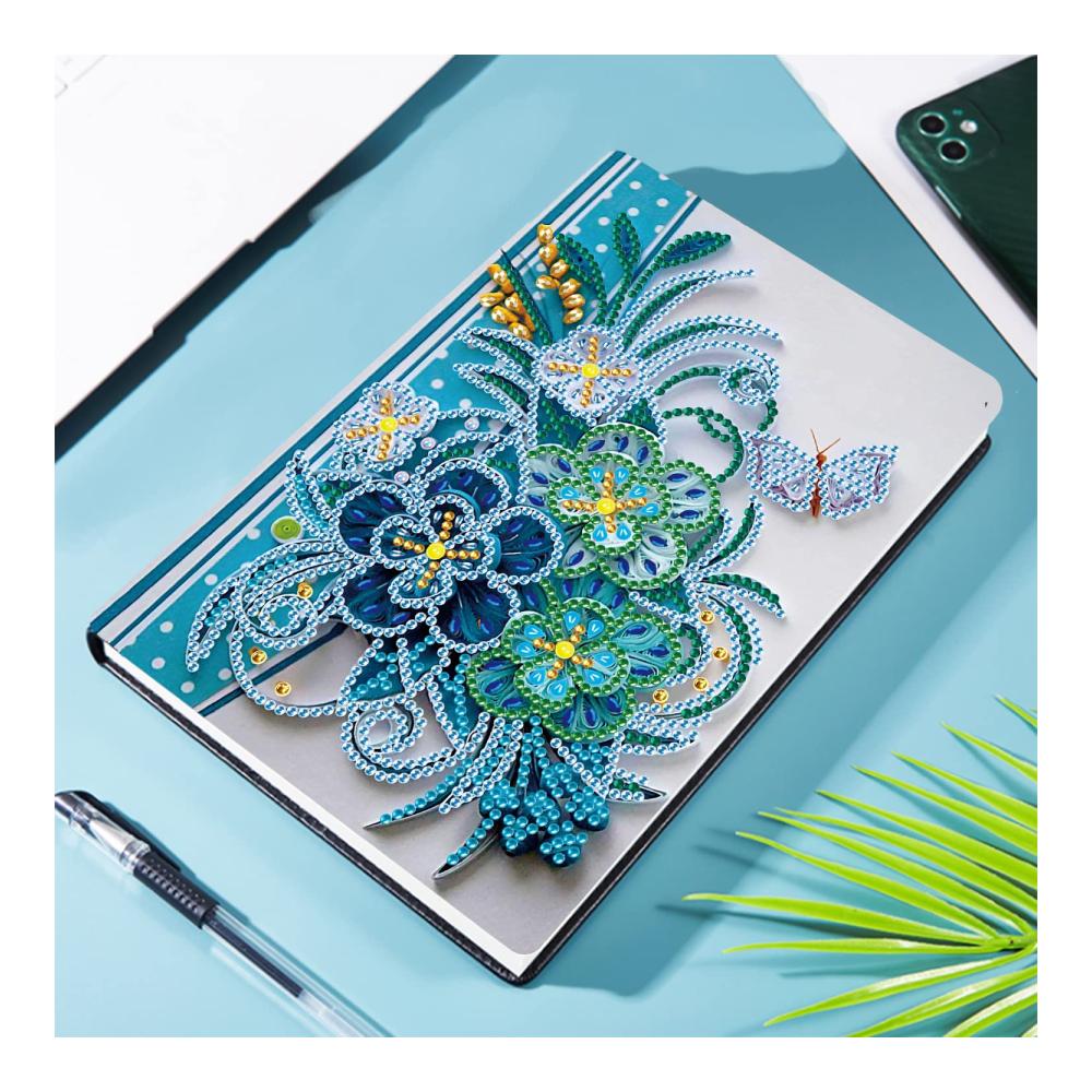 Diamant Malerei Notizblock für Erwachsene | 100 Seiten | Weiß | Schulbedarf | Schulanfang | Skizzenbuch | Ideales Geschenk für Geburtstag und Weihnachten | Blauer Phalaenopsis Blume