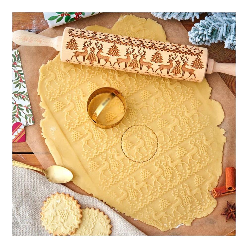 Holen Sie sich den festlichen Teigspaß! Teigroller Weihnachten - Buche Geschnitztes Nudelholz mit Weihnachtsmustern - DIY Backzubehör für die Feiertage - Ideales Geschenk für Backliebhaber