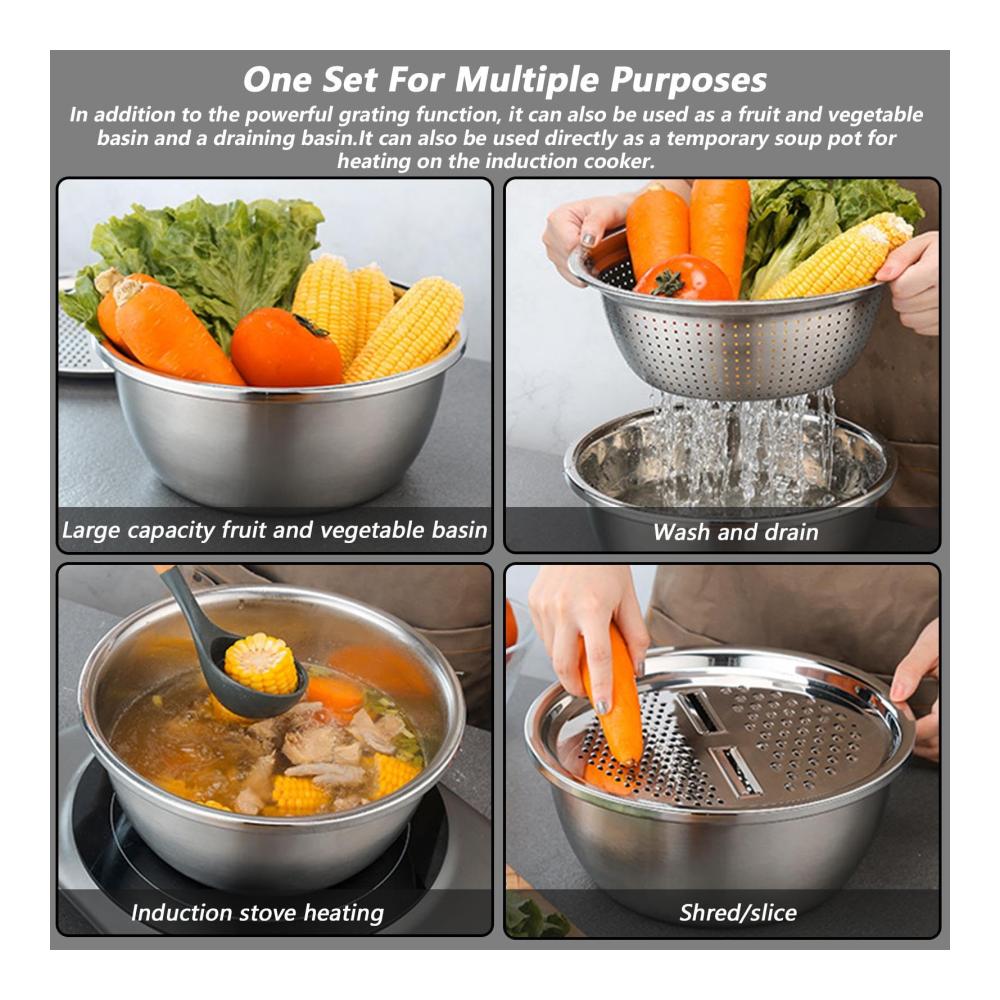 Multifunktionale Edelstahl Rührschüssel Set 7-in-1 Küchenhelfer inklusive Reiben und Behälter für schnelle Salatzubereitung