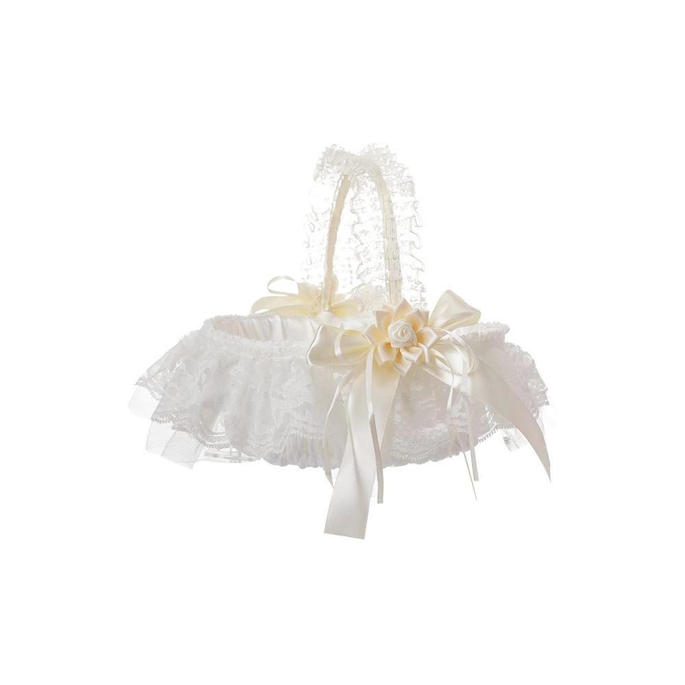 Handgefertigter Romantischer Blumenmädchenkorb aus Elfenbein mit Spitzengriff und Satinblumen | Ideal für Hochzeiten & besondere Anlässe | Hervorragendes Accessoire für zauberhafte Blumenmädchen (NA 1