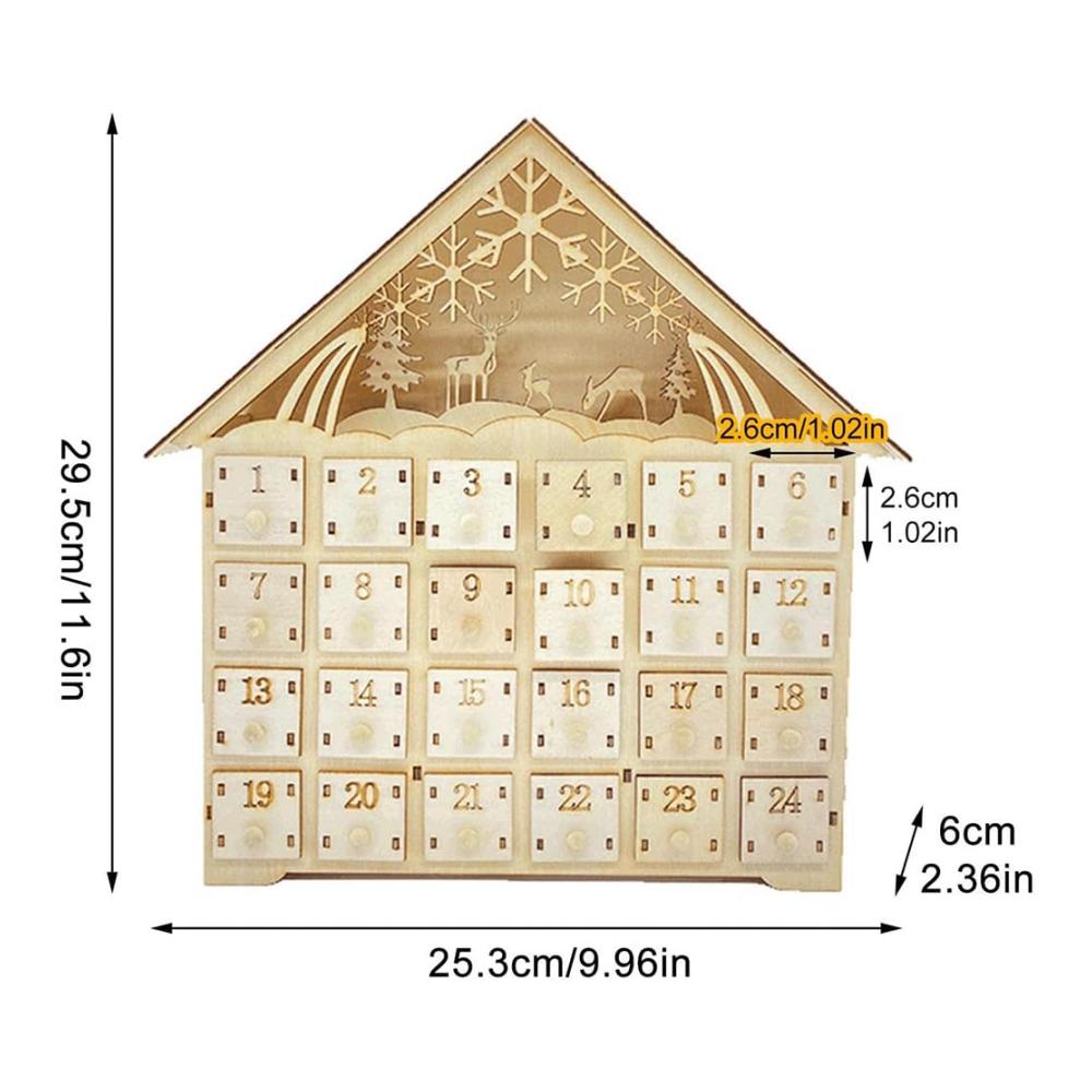 Dekorativer Adventskalender Holzhaus mit LED-Lichtern & 24 Aufbewahrungsschubladen | Weihnachtsdekorationen 2024 inklusive | Xmas-Haus