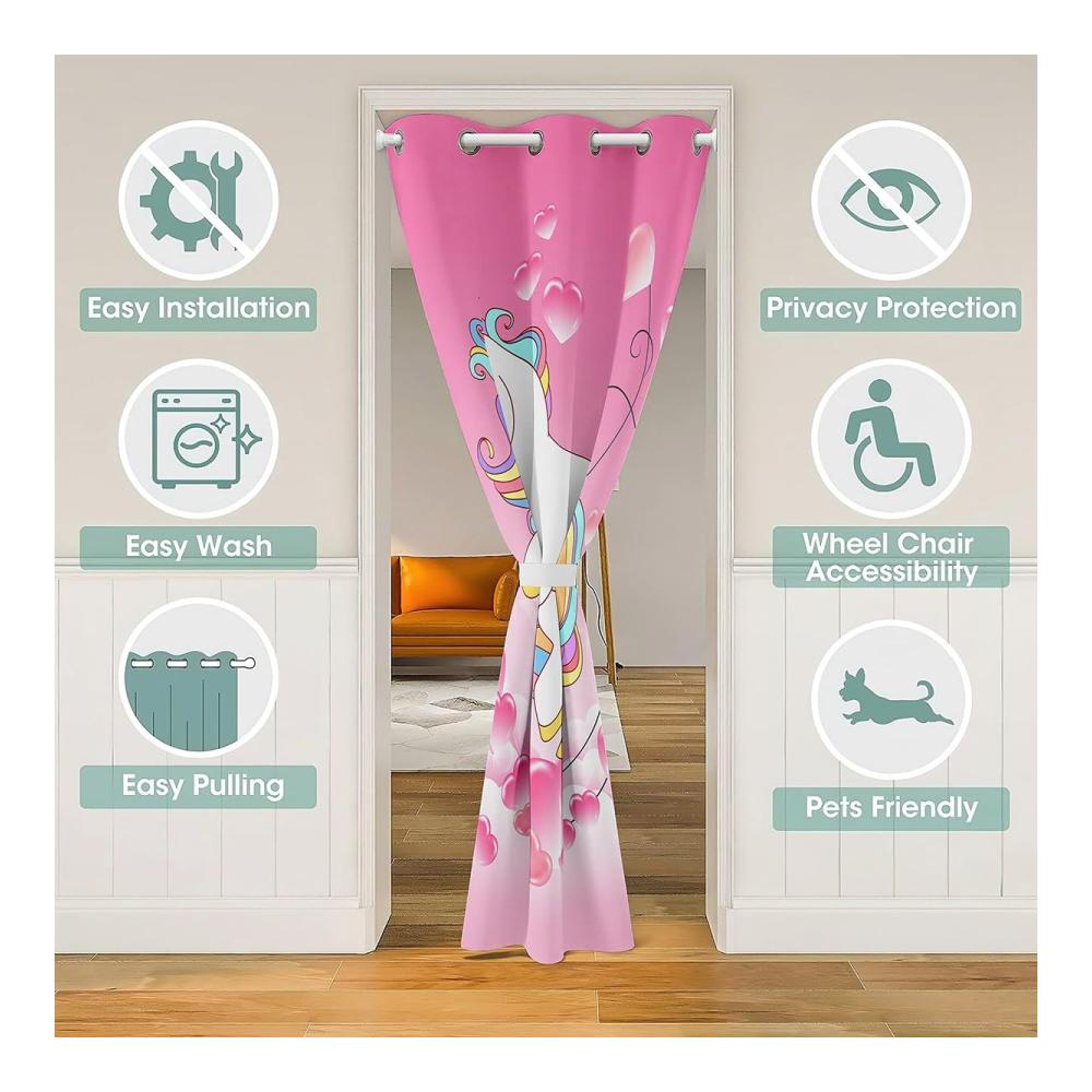 Einhorn Magie Hochwertiger Schiebevorhang für Mädchenzimmer - 3D Cartoon Design in Rosa mit Regenbogen Pferd - Liebevoll gestalteter Vorhang für temporäre Türen im Schlafzimmer - Maße 106x203 cm