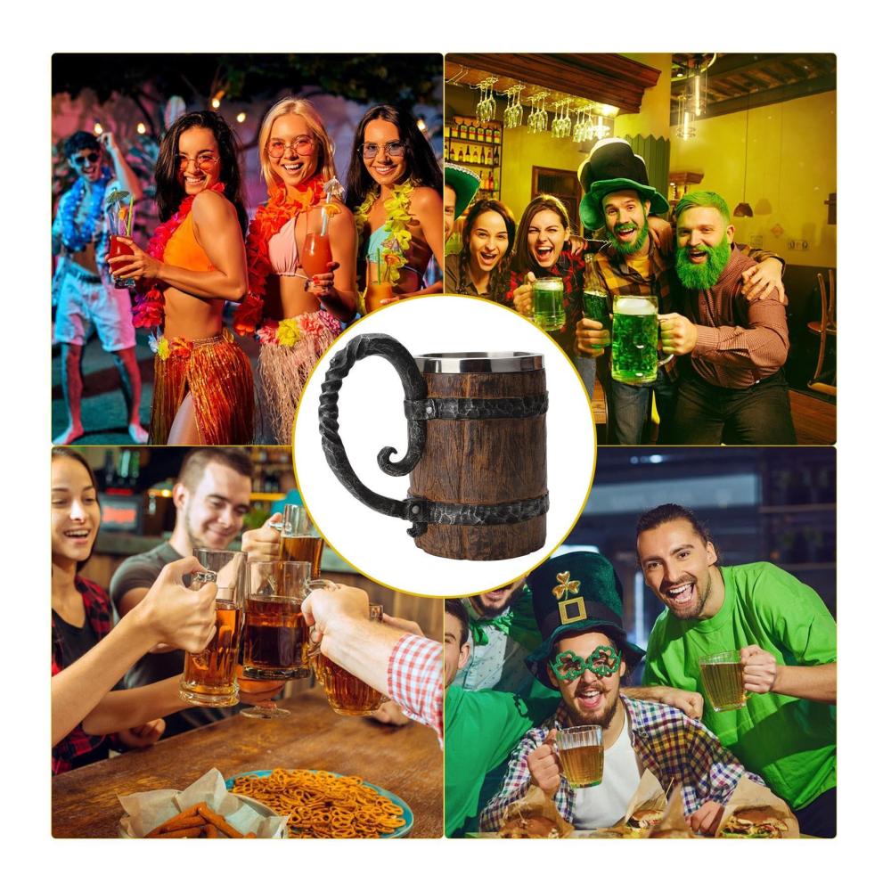 Entdecken Sie den Genuss mit unseren Premium Bierkrügen Wikinger-Trinkbecher 550 ml Holzfass-Kaffeebecher auslaufsicheres Edelstahl-Trinkgeschirr mit Griff. Handgefertigter mittelalterlicher Cocktailbecher für Tee und Kaffee – Stilvoll