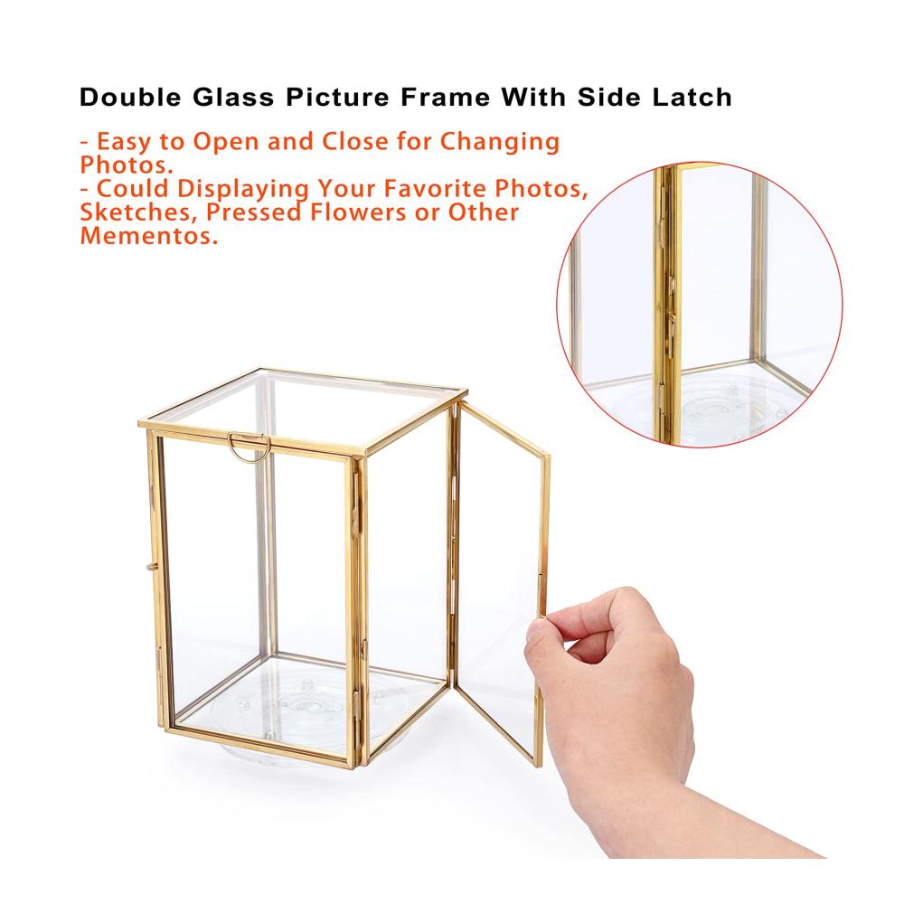 Goldener Glaswürfel Botanische Probe Fotorahmen Ewige Blume Probe Box mit 360 Grad drehbaren Basis Foto Kosmetik Pinsel Veranstalter 4x6inch für Wand- & Tischrahmen - Hochwertiges Design für zeitlose Erinnerungen und organisierte Schönheit