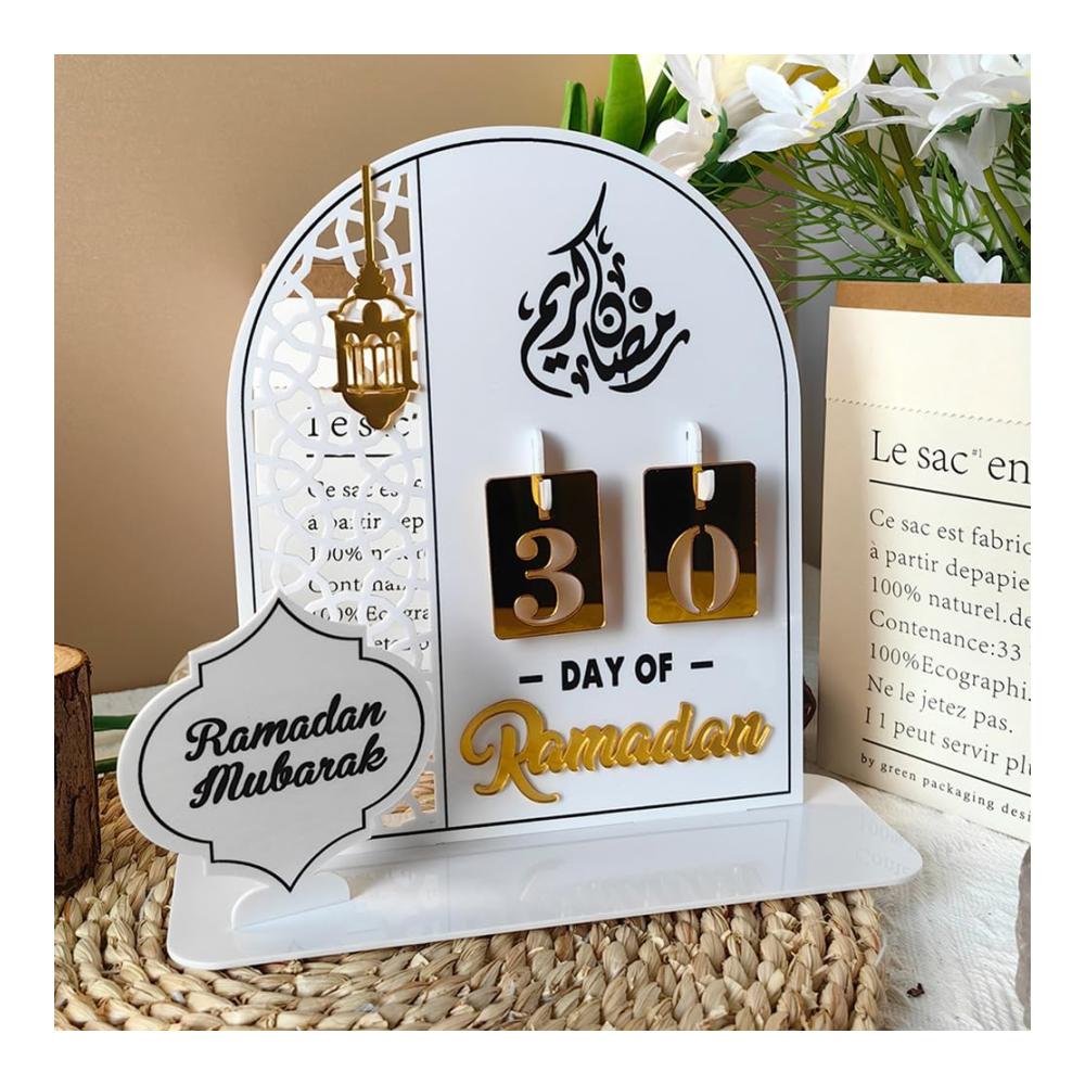 Dekorativer Ramadan-Adventskalender DIY Eid Mubarak Ornament Dekoration 30 Tage bis Eid Muslimische Ramadan-Geschenke für Kinder und Partydekoration (Weißes Acryl
