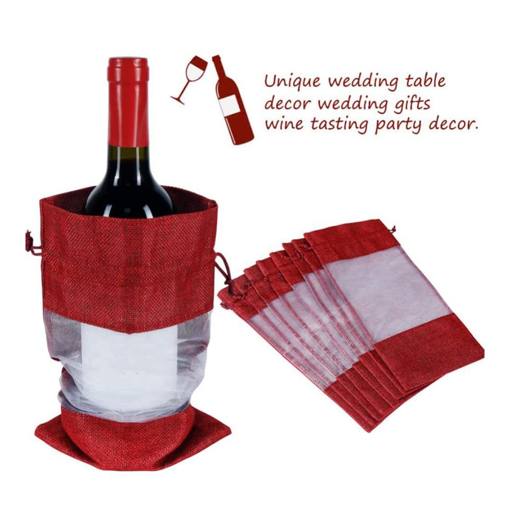 4er Pack Flaschenkörbe & -träger Weinflaschenabdeckung und Tasche aus Sackleinen mit Fenster und Kordelzug für stilvolles Servieren auf Partys zu Hause (Rot