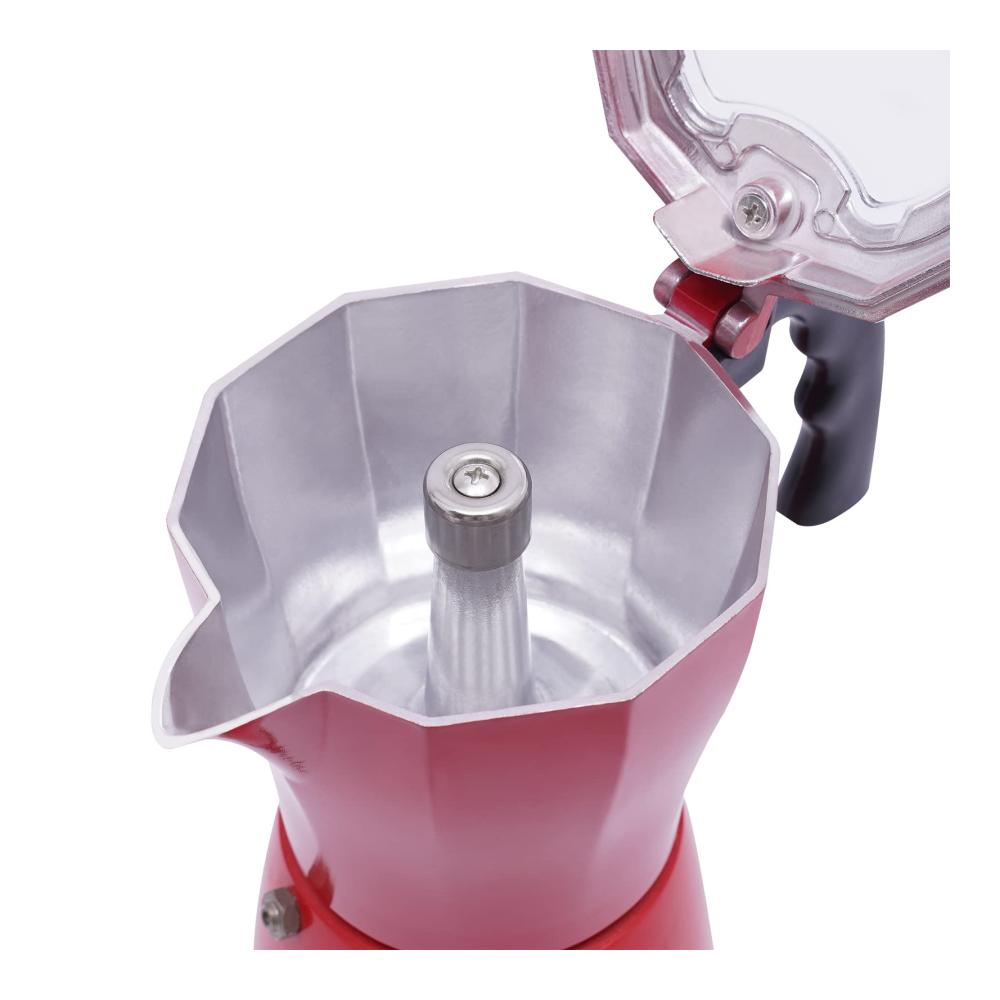 Hochleistungs-Espressokocher Elektrischer Espresso-Kocher mit 300ml Kapazität 6-Tassen-Basis 480W Aluminiumlegierung 360° drehbar für Büro und Zuhause (Rot
