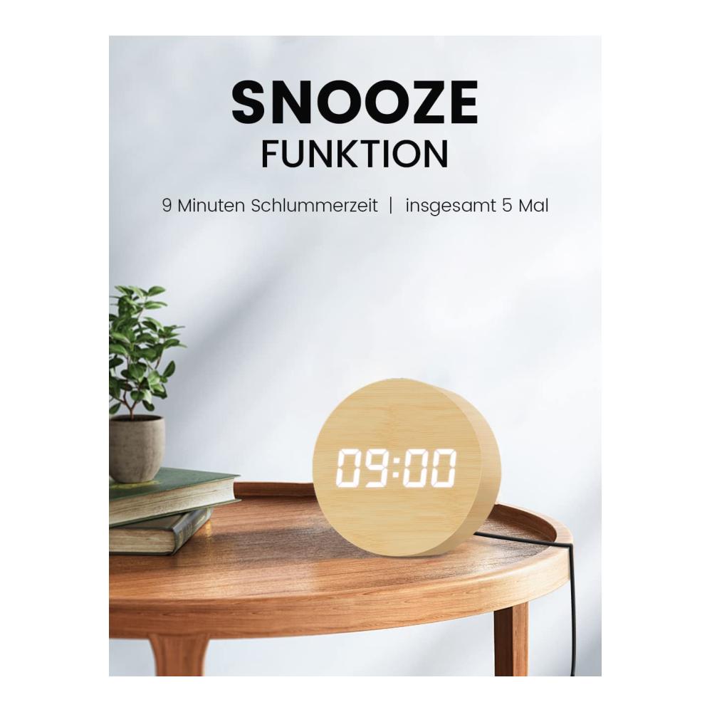Digitale Wecker Uhr mit 3 Alarmen & Snooze LED Display mit Schallsteuerung USB-betrieben - Mini Holz Wecker für Schlafzimmer Nachttisch - Moderner Tischwe