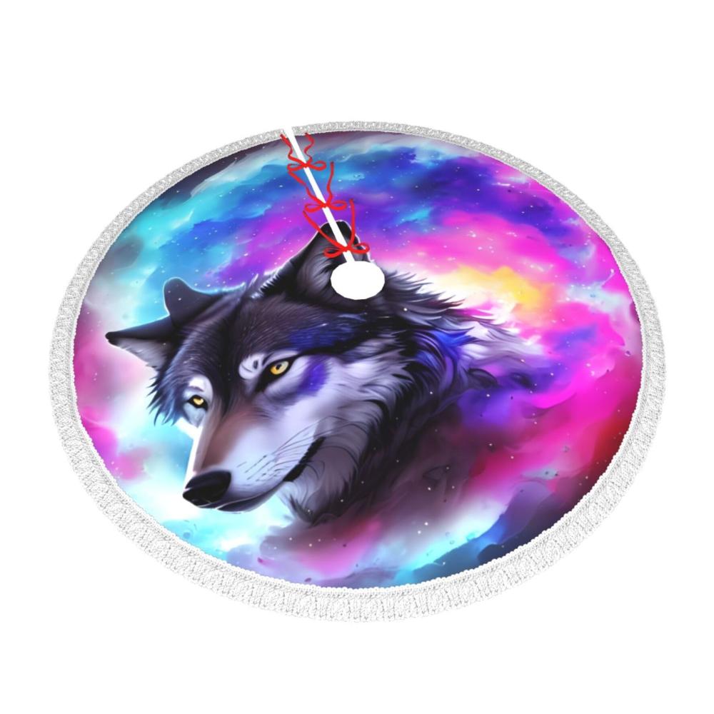 Lila Blau Universum Wolf Weihnachtsbaum Rock mit Quaste 48 Zoll Weihnachtsbaum Matte Abdeckung Bauernhaus Weihnachtsbaum Rock für Xmas Decor Festliche Urlaub Weihnachtsdekorationen | Luxuriöse Weihnachtsbaumständerhüllen für stilvolle Festlichkeit