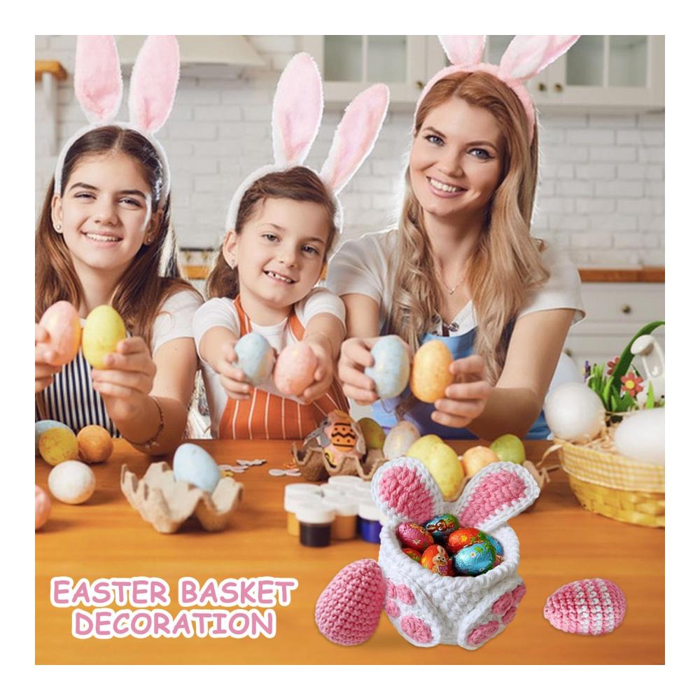 Stanzverzierungen Osterkörbe für Kinder | Kaninchen-Osterkorb mit Häkeleiern | Gehäkelter Osterhasenkorb | Frohe Ostern Dekorationen | Bunte Eier Hasen Geschenkboxen | Süßigkeitentüten inklusive