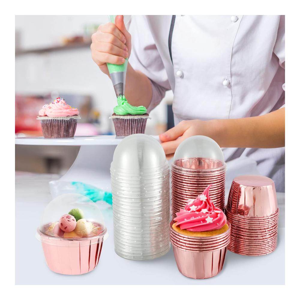 Einweg-Backbecher 50 Stück Roségold Cupcake Formen Papier 5cm mit Deckel Ölbeständig ideal für Partys Hochzeiten & Bäckereien