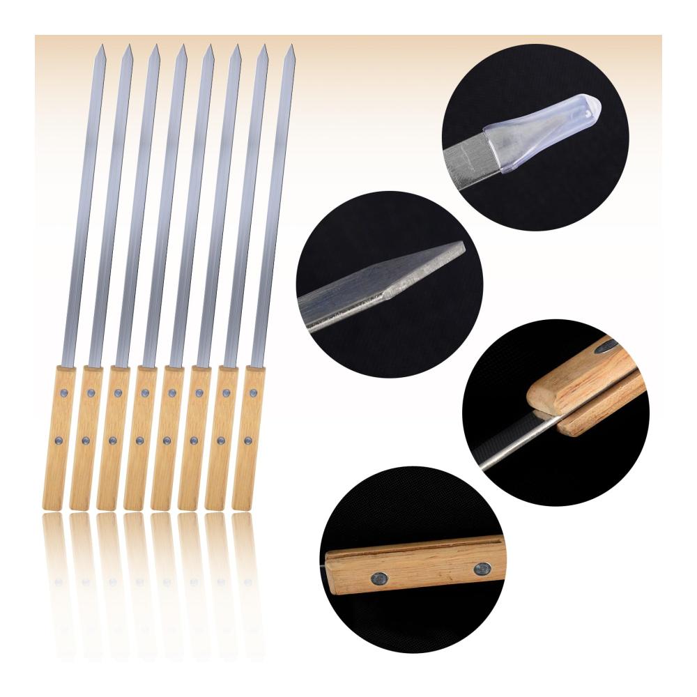 Hochwertige Grill- & Schaschlikspieße 8er-Set mit 42 cm Flachprofil Buchenholzgriffen. Ideal für Adana türkische Kebab und lange Fleischspieße. Inklusive praktischer Tasche