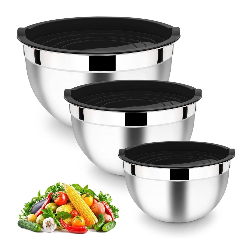 Rührschüsseln Set aus Edelstahl mit luftdichtem Deckel - Ideal zum Backen Kochen und Zubereiten - Stapelbar und Spülmaschinenfest - 3-teilig (4.5L / 2.7L / 1.5L) - Schwarz