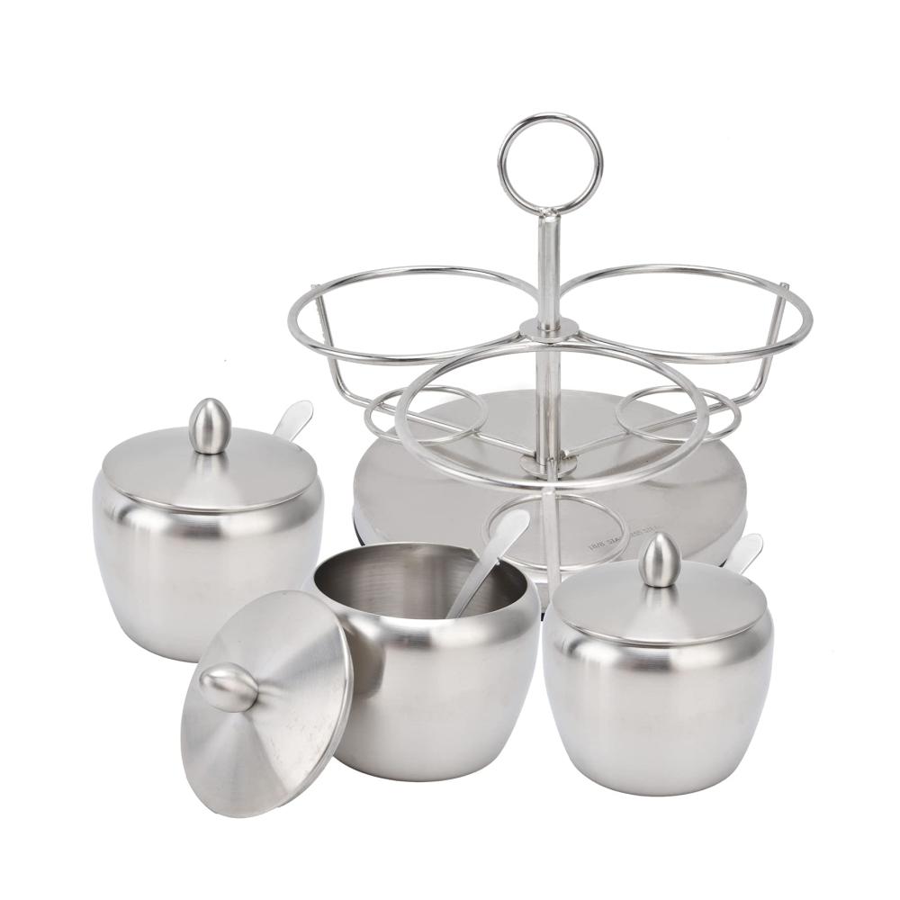 Drehbares Gewürzdosen-Set aus Edelstahl | 3er-Set Gewürzdosen mit praktischem Gestell | Inklusive Deckel und Löffel | Vielseitige Gewürzbehälter für die Küche zu Hause | Attraktive Salz- und Zuckerdose | Stilvolle Aufbewahrungslösung für Dressing- & Gewürzspender