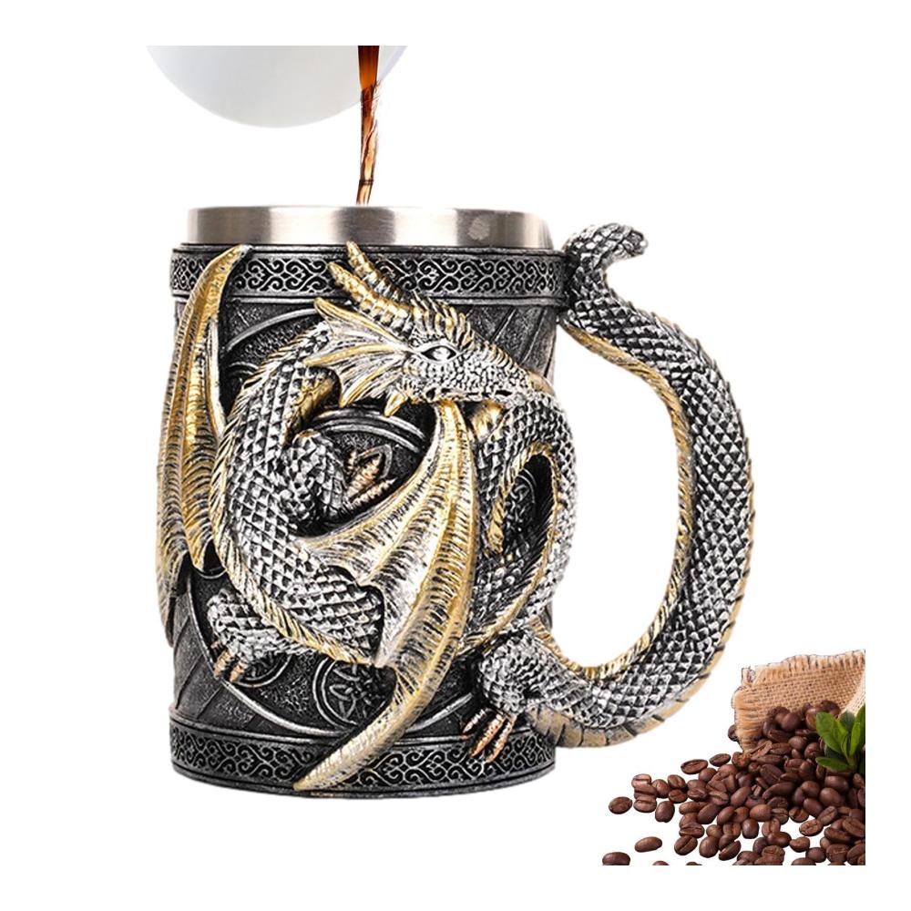 Mittelalterlicher Drachen-Bierkrug Handgefertigter Edelstahl Fassbecher mit 3D-Drachenmotiv | Gotisches Trinkgeschirr Stilvoller Becher für Bars & Mittelalterfans Perfektes Geschenk