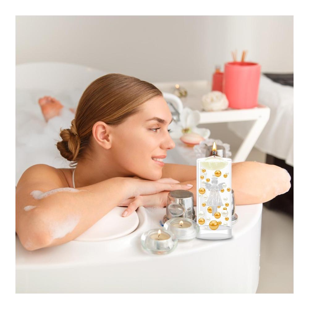Schwimmende Kerzenfüller Vase mit Granulat-Füllung für Oster-Dekorationen – Inklusive klarer Engel-Figur gelb-weißer Kugel und farbiger Füllung – Perfekt für Party-Dekorationen in Weiß und Gelb