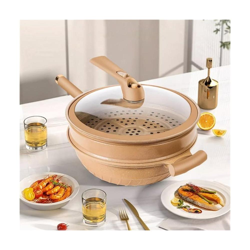 Entdecken Sie den ultimativen Multifunktions-Wok aus antihaftbeschichtetem Ton mit Dampfkorb | Perfekt zum Anbraten Kochen Frittieren und Dämpfen | Antihaft-Mikro-Schnellkochtopf inklusive