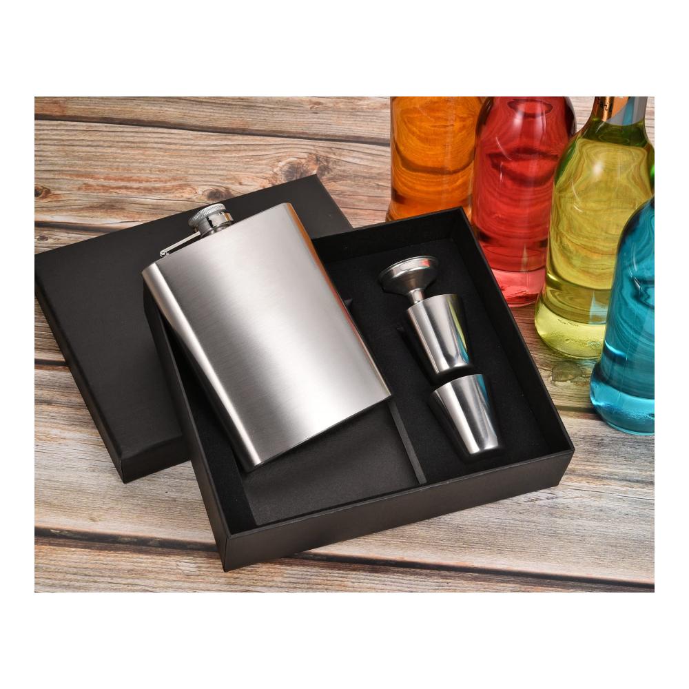 Edelstahl Flachmann Set - Tragbarer Whisky Flachmann mit 2 Bechern und Trichter - 8oz Flachmänner-Kit für Männer - Ideales Geschenk für Genießer - Hochwertiges Alkohol-Trageset (Nicht graviert