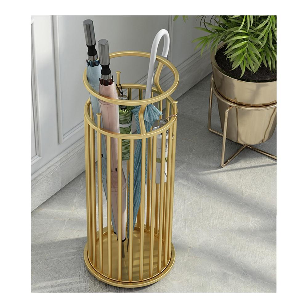Eleganter Schirmständer in Gold 22 * 22 * 58cm für Zuhause Hotel & Büro – Freistehender Metall-Schirmhalter mit Wasserschale für den Eingangsbereich