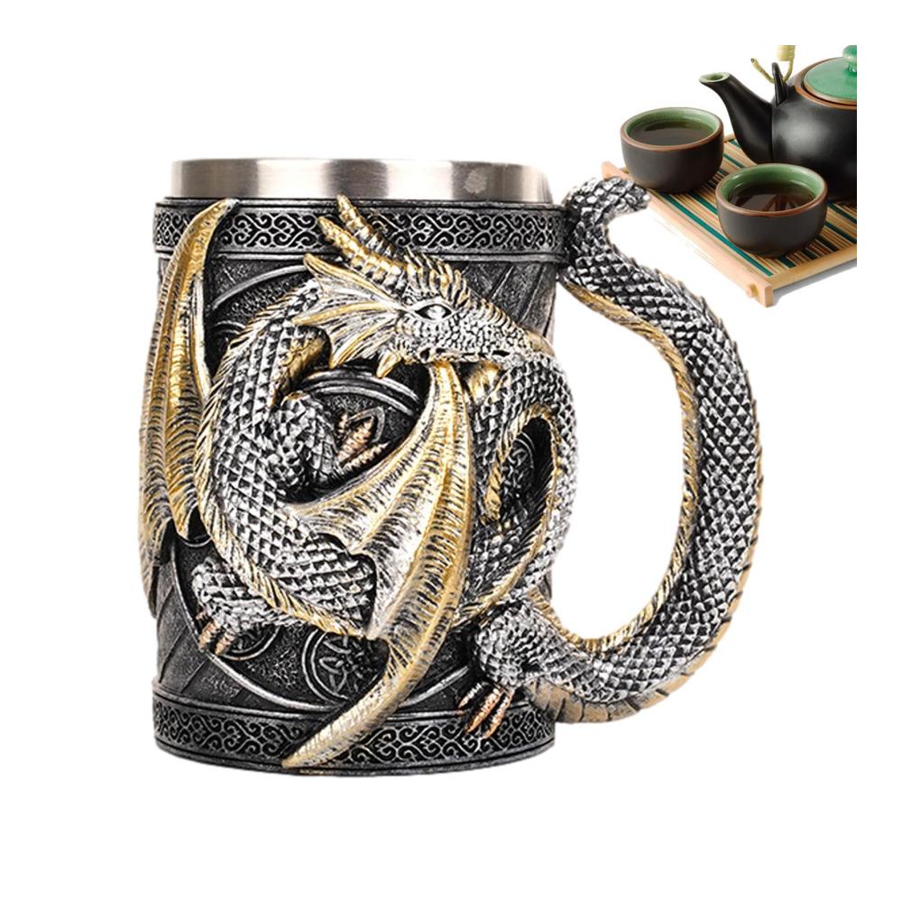 Mittelalterlicher Drachen-Bierkrug Handgefertigter Edelstahl Fassbecher mit 3D-Drachenmotiv | Gotisches Trinkgeschirr Stilvoller Becher für Bars & Mittelalterfans Perfektes Geschenk