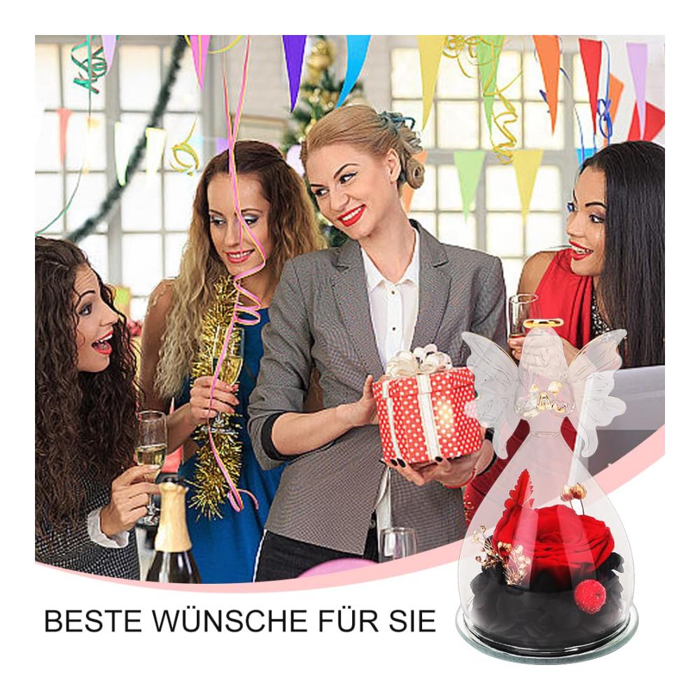 Entzückende Ewige Blumenpracht Handgefertigte Konservierte Rosen im Glas mit Engel Figur - Zeitlose Geschenke für Mama perfekt zum Valentinstag Muttertag Jahrestag und Weihnachten (Rotes Blütenmeer