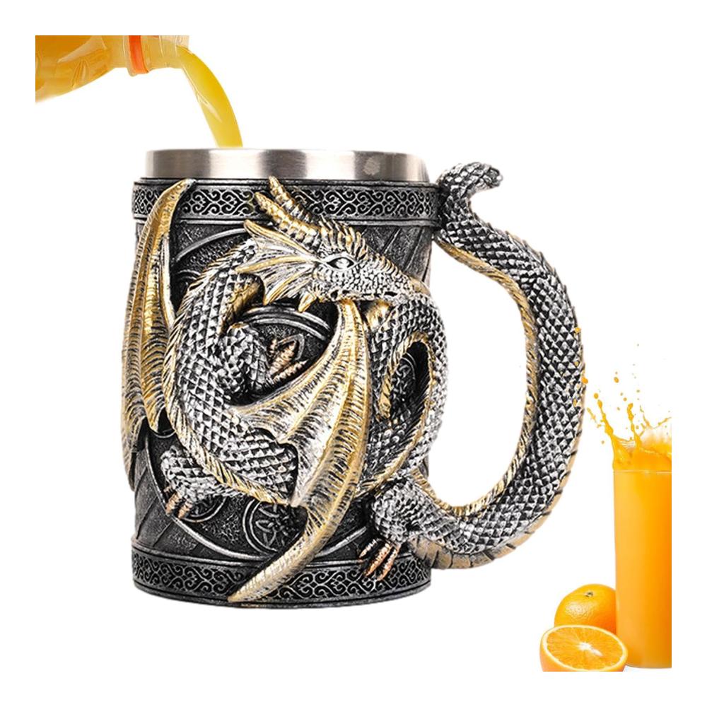Mittelalterlicher Drachen-Bierkrug Handgefertigter Edelstahl Fassbecher mit 3D-Drachenmotiv | Gotisches Trinkgeschirr Stilvoller Becher für Bars & Mittelalterfans Perfektes Geschenk